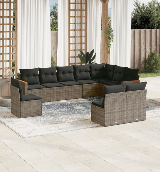 10-tlg. Garten-Sofagarnitur mit Kissen Grau Poly Rattan