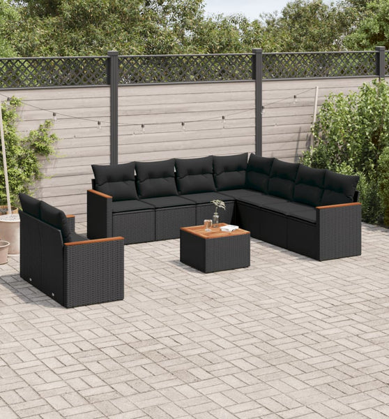 10-tlg. Garten-Sofagarnitur mit Kissen Schwarz Poly Rattan