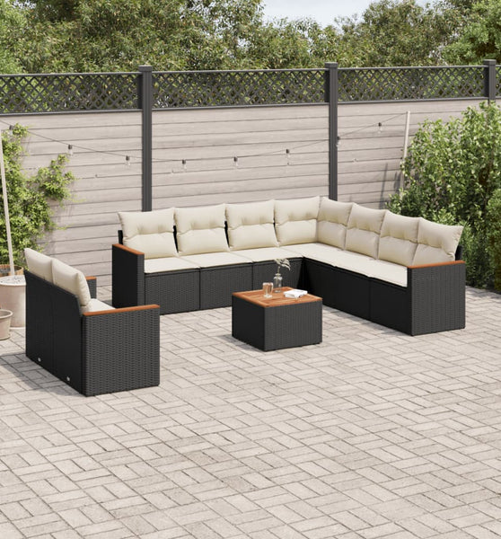 10-tlg. Garten-Sofagarnitur mit Kissen Schwarz Poly Rattan