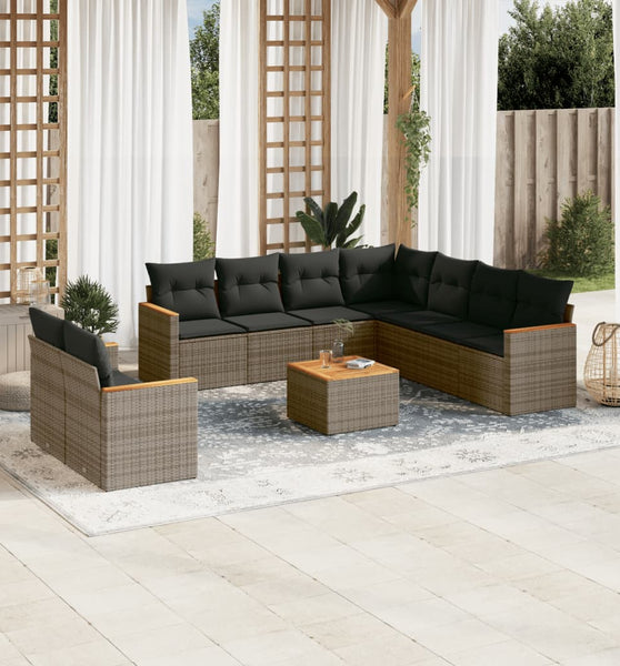10-tlg. Garten-Sofagarnitur mit Kissen Grau Poly Rattan