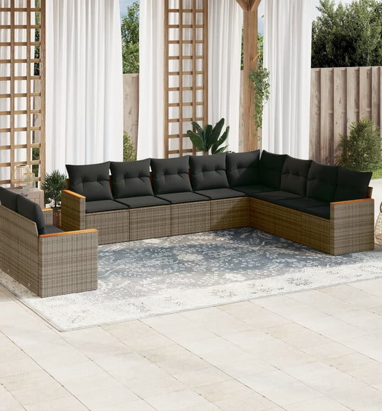 10-tlg. Garten-Sofagarnitur mit Kissen Grau Poly Rattan