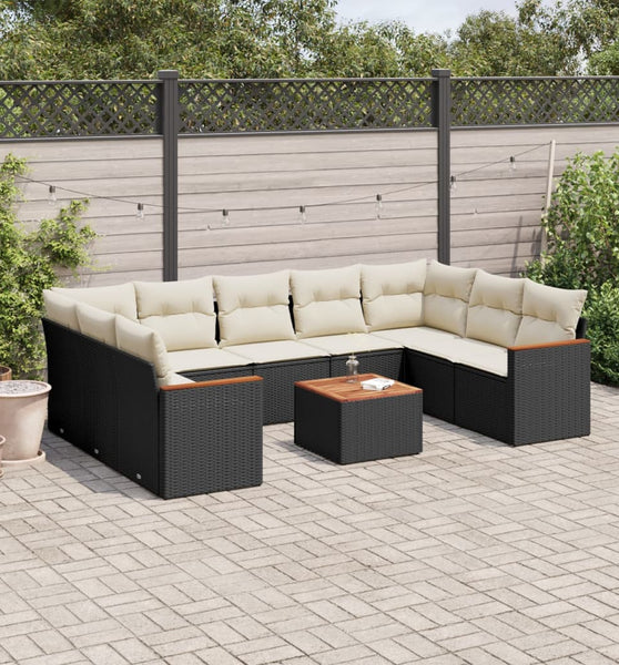 10-tlg. Garten-Sofagarnitur mit Kissen Schwarz Poly Rattan