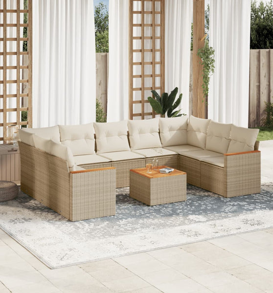 10-tlg. Garten-Sofagarnitur mit Kissen Beige Poly Rattan