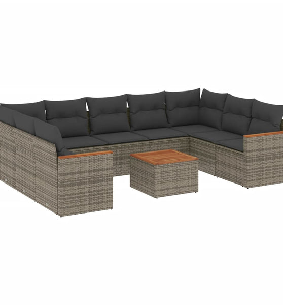 10-tlg. Garten-Sofagarnitur mit Kissen Grau Poly Rattan