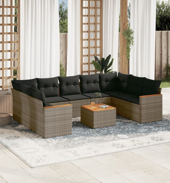 10-tlg. Garten-Sofagarnitur mit Kissen Grau Poly Rattan