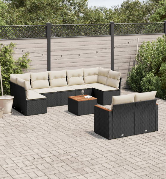 10-tlg. Garten-Sofagarnitur mit Kissen Schwarz Poly Rattan