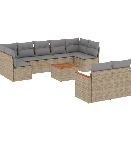 10-tlg. Garten-Sofagarnitur mit Kissen Beige Poly Rattan