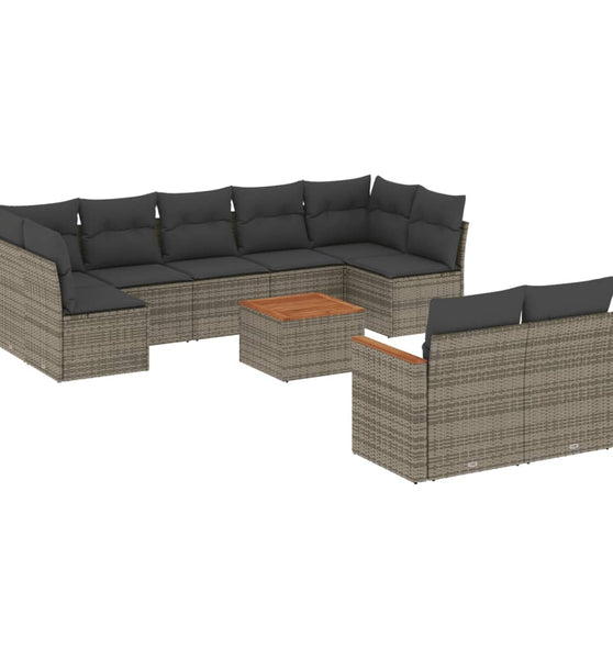 10-tlg. Garten-Sofagarnitur mit Kissen Grau Poly Rattan