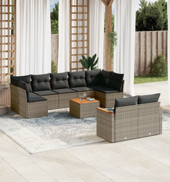 10-tlg. Garten-Sofagarnitur mit Kissen Grau Poly Rattan