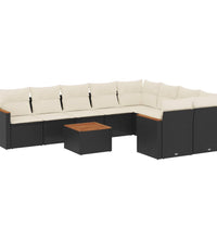 10-tlg. Garten-Sofagarnitur mit Kissen Schwarz Poly Rattan