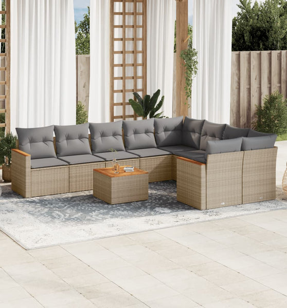 10-tlg. Garten-Sofagarnitur mit Kissen Beige Poly Rattan