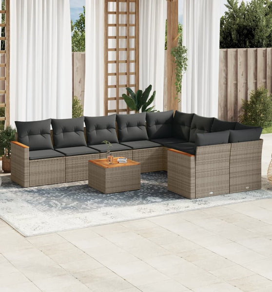10-tlg. Garten-Sofagarnitur mit Kissen Grau Poly Rattan