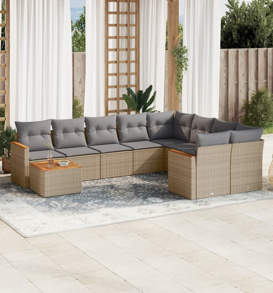 10-tlg. Garten-Sofagarnitur mit Kissen Beige Poly Rattan