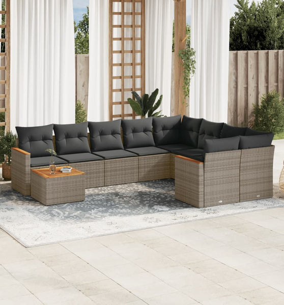 10-tlg. Garten-Sofagarnitur mit Kissen Grau Poly Rattan