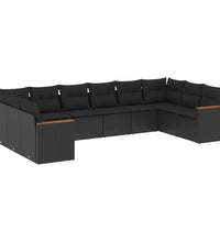 10-tlg. Garten-Sofagarnitur mit Kissen Schwarz Poly Rattan
