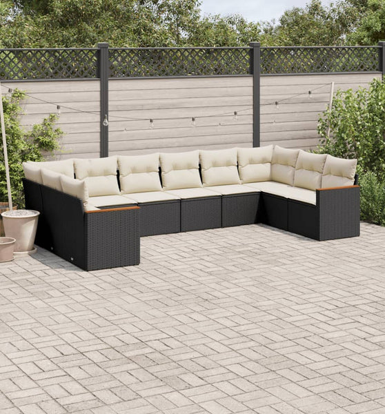 10-tlg. Garten-Sofagarnitur mit Kissen Schwarz Poly Rattan
