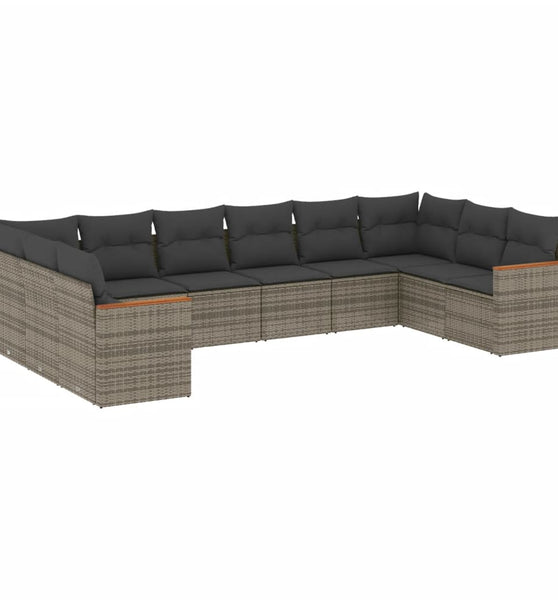 10-tlg. Garten-Sofagarnitur mit Kissen Grau Poly Rattan
