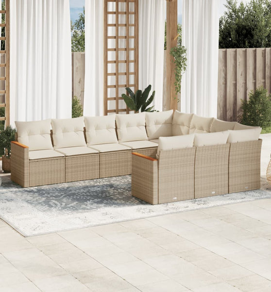 10-tlg. Garten-Sofagarnitur mit Kissen Beige Poly Rattan