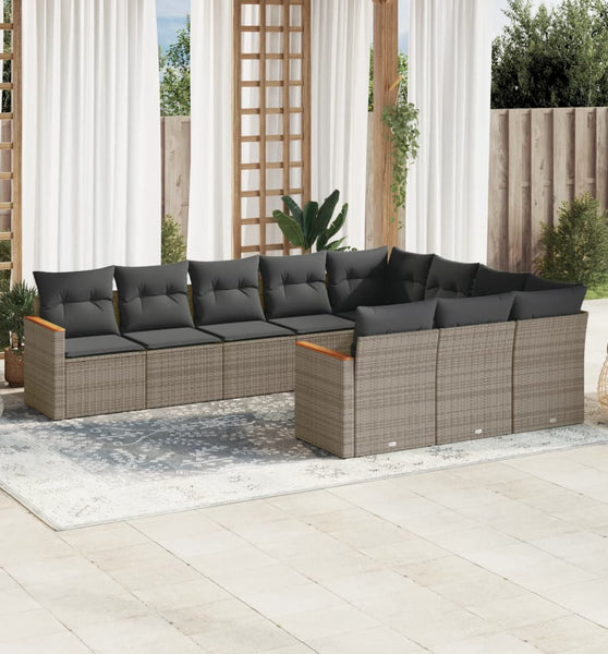 10-tlg. Garten-Sofagarnitur mit Kissen Grau Poly Rattan