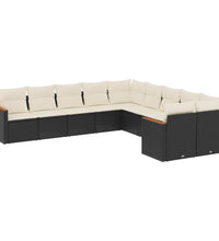 10-tlg. Garten-Sofagarnitur mit Kissen Schwarz Poly Rattan