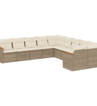 10-tlg. Garten-Sofagarnitur mit Kissen Beige Poly Rattan