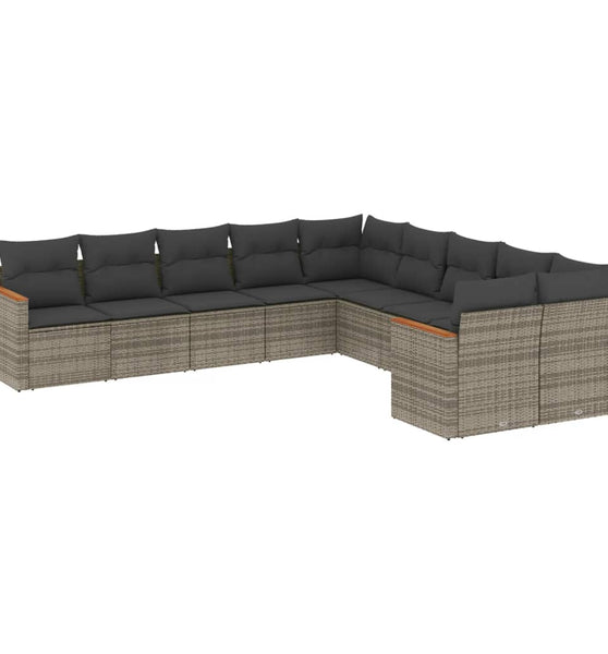 10-tlg. Garten-Sofagarnitur mit Kissen Grau Poly Rattan