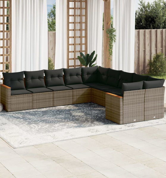 10-tlg. Garten-Sofagarnitur mit Kissen Grau Poly Rattan