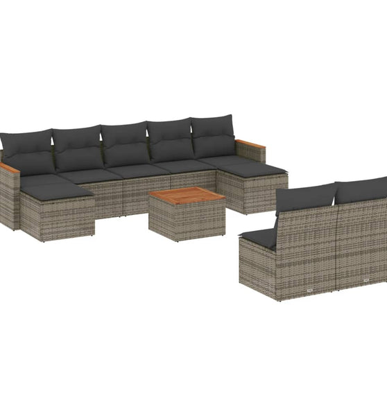 10-tlg. Garten-Sofagarnitur mit Kissen Grau Poly Rattan