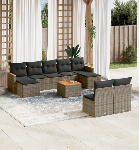 10-tlg. Garten-Sofagarnitur mit Kissen Grau Poly Rattan