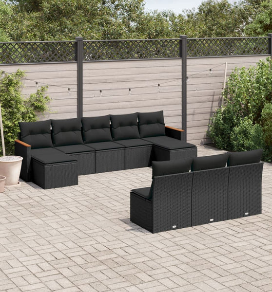 10-tlg. Garten-Sofagarnitur mit Kissen Schwarz Poly Rattan