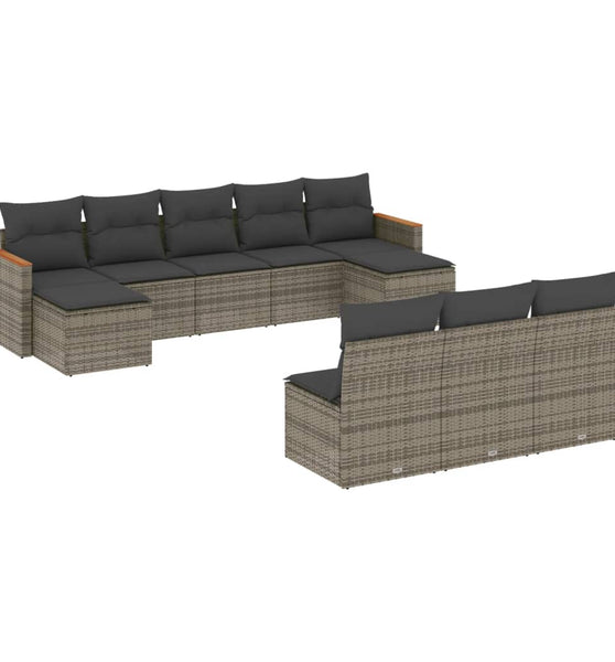 10-tlg. Garten-Sofagarnitur mit Kissen Grau Poly Rattan