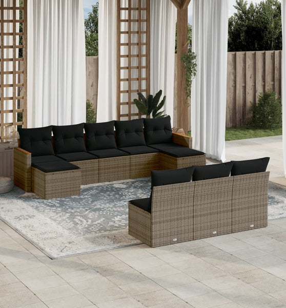 10-tlg. Garten-Sofagarnitur mit Kissen Grau Poly Rattan