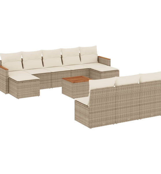 11-tlg. Garten-Sofagarnitur mit Kissen Beige Poly Rattan