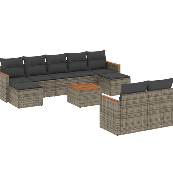 10-tlg. Garten-Sofagarnitur mit Kissen Grau Poly Rattan
