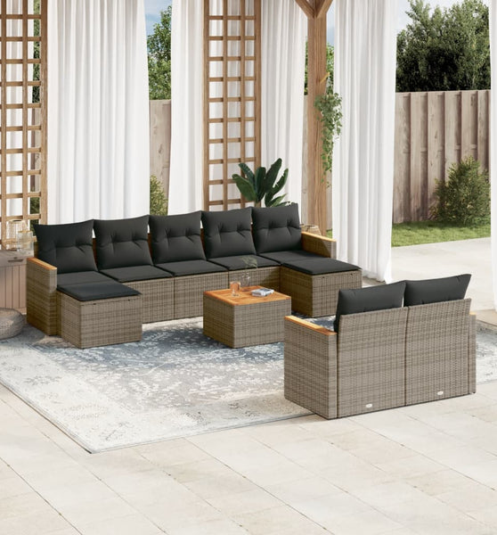 10-tlg. Garten-Sofagarnitur mit Kissen Grau Poly Rattan