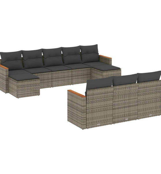 10-tlg. Garten-Sofagarnitur mit Kissen Grau Poly Rattan