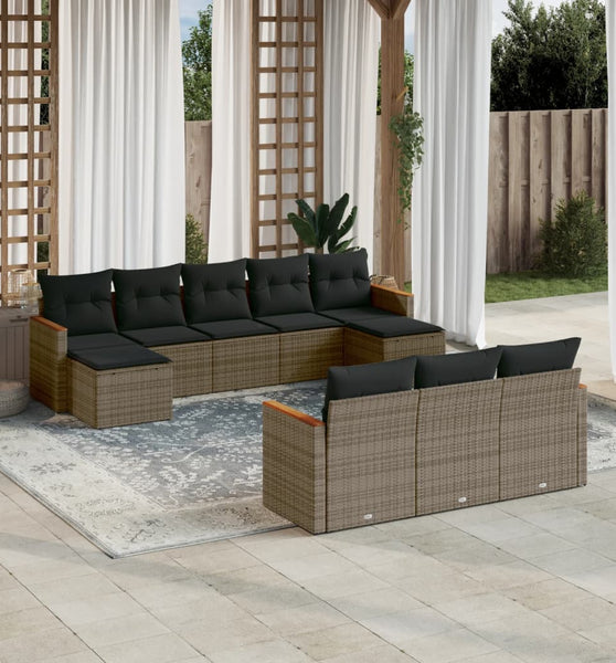10-tlg. Garten-Sofagarnitur mit Kissen Grau Poly Rattan