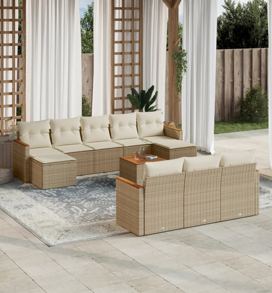 11-tlg. Garten-Sofagarnitur mit Kissen Beige Poly Rattan