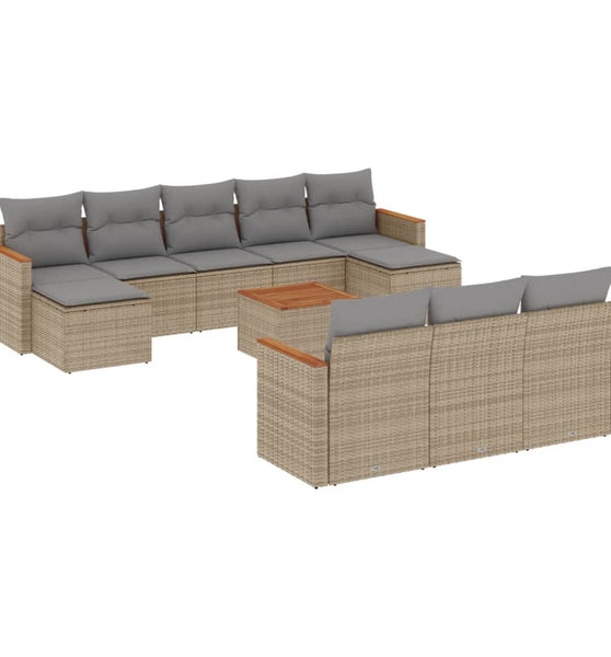11-tlg. Garten-Sofagarnitur mit Kissen Beige Poly Rattan
