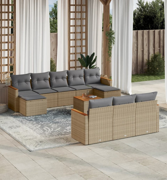 11-tlg. Garten-Sofagarnitur mit Kissen Beige Poly Rattan