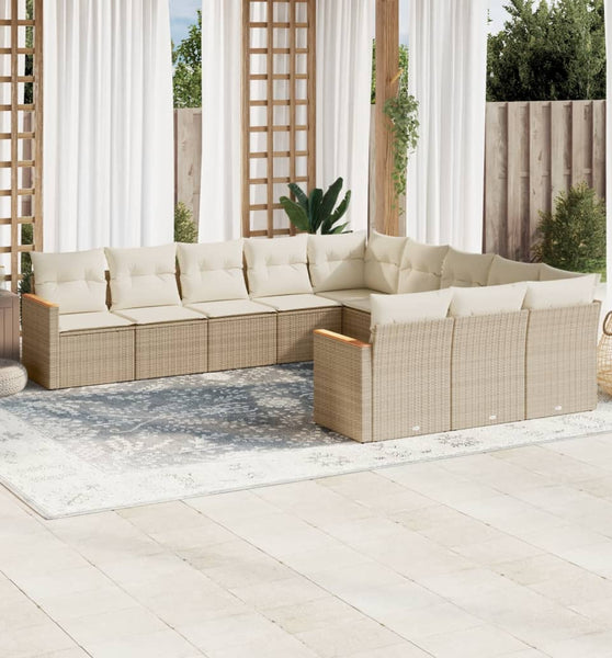 11-tlg. Garten-Sofagarnitur mit Kissen Beige Poly Rattan