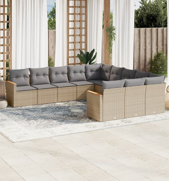 11-tlg. Garten-Sofagarnitur mit Kissen Beige Poly Rattan