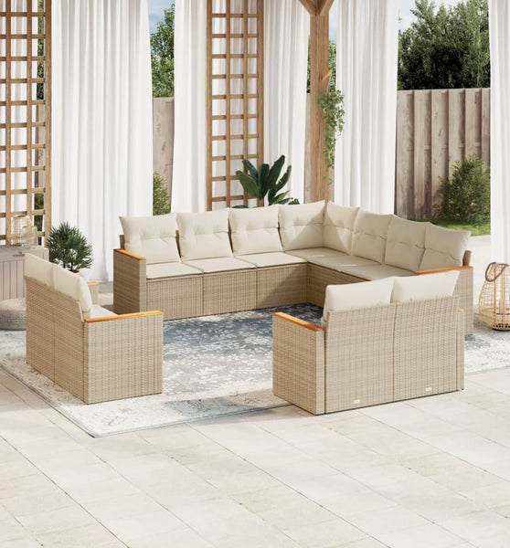 11-tlg. Garten-Sofagarnitur mit Kissen Beige Poly Rattan