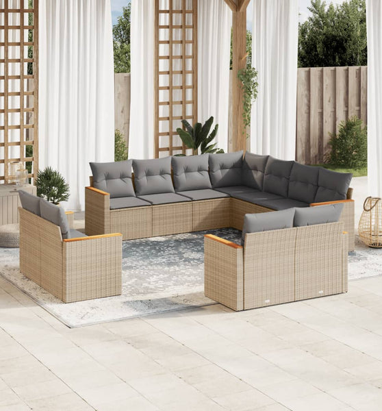 11-tlg. Garten-Sofagarnitur mit Kissen Beige Poly Rattan