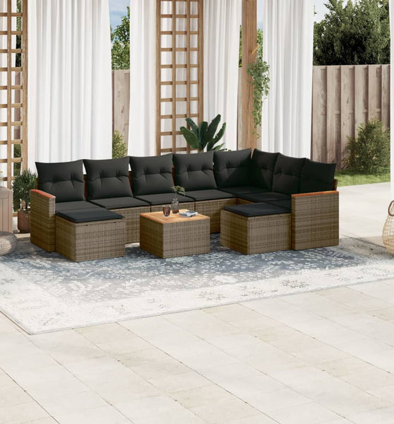 10-tlg. Garten-Sofagarnitur mit Kissen Grau Poly Rattan