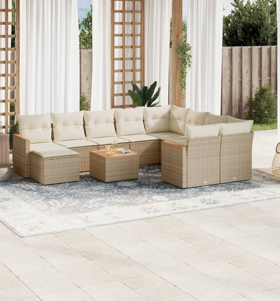 11-tlg. Garten-Sofagarnitur mit Kissen Beige Poly Rattan