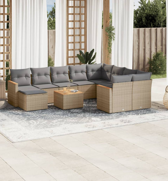 11-tlg. Garten-Sofagarnitur mit Kissen Beige Poly Rattan