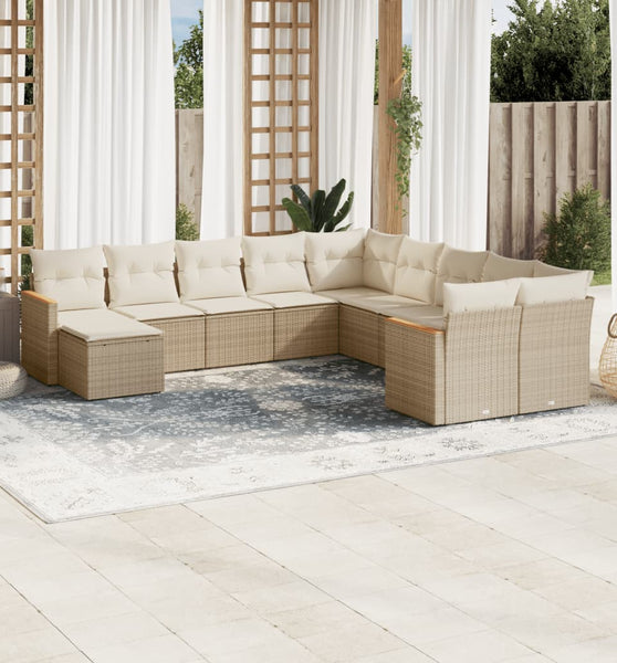 11-tlg. Garten-Sofagarnitur mit Kissen Beige Poly Rattan