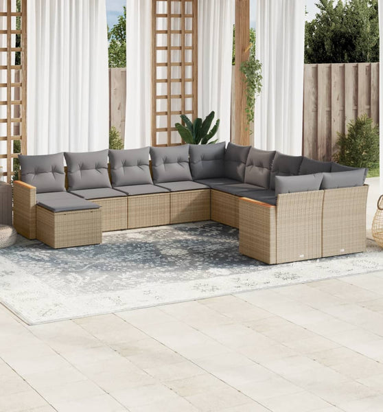 11-tlg. Garten-Sofagarnitur mit Kissen Beige Poly Rattan