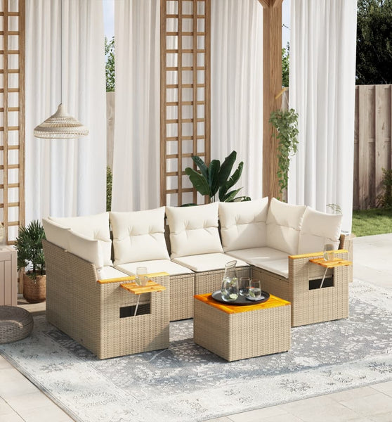 7-tlg. Garten-Sofagarnitur mit Kissen Beige Poly Rattan